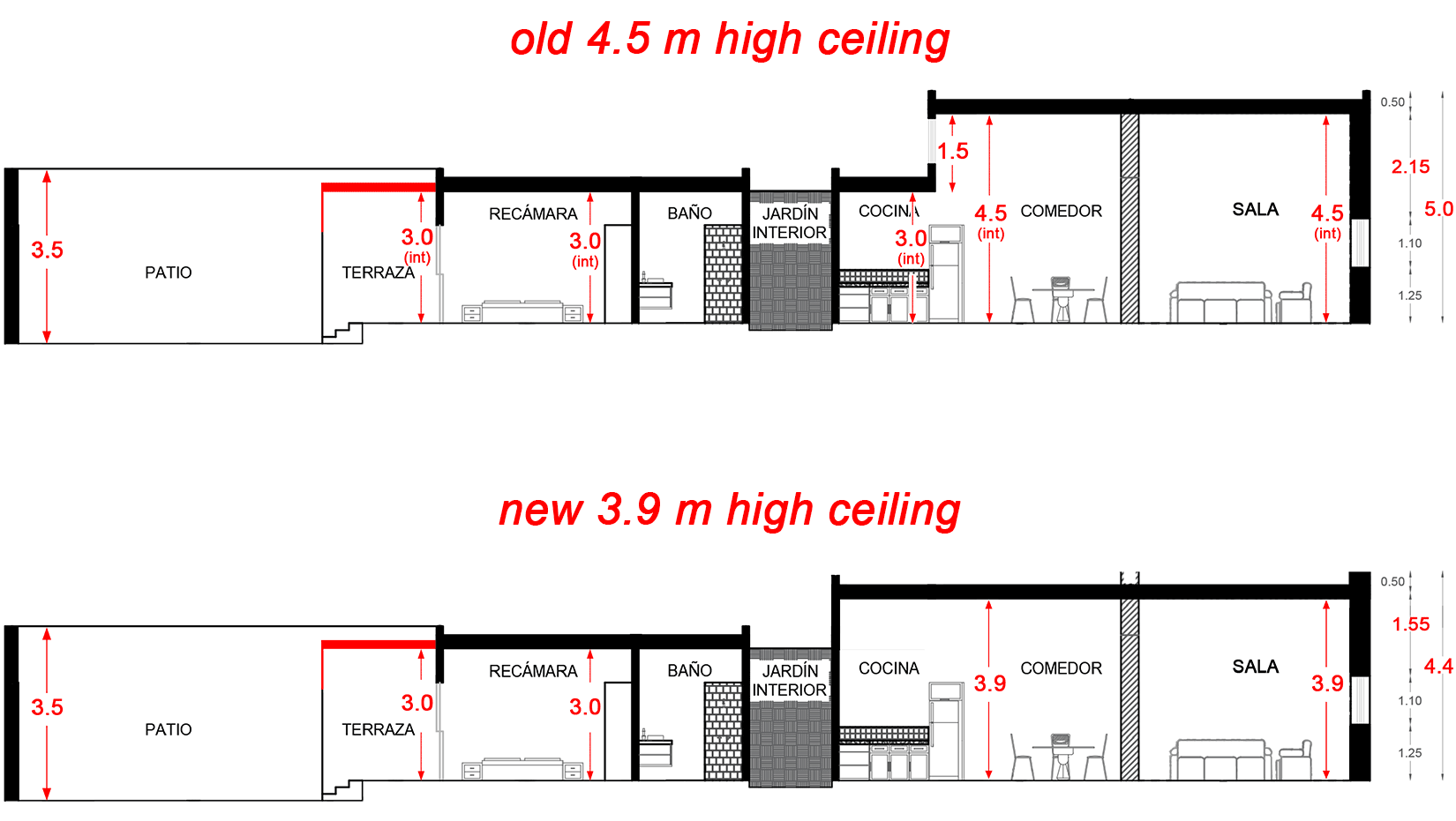 side view of revised ceiling height
