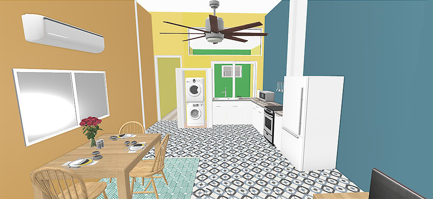 3D rendering of interior with revised ceiling height